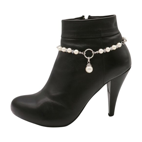 Women Silver Metal Chain Boot Bracelet Shoe Cream Imitation Pearl Charm 2PCS SET - Picture 12 of 17